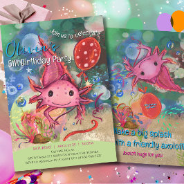 Convite Fantasioso Axolote Rosa Aquarela Crianças Fofo