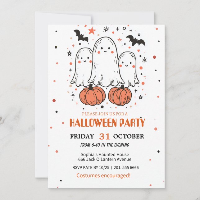 Convite Fantasma Bonita e Abóbora no Halloween (Frente)