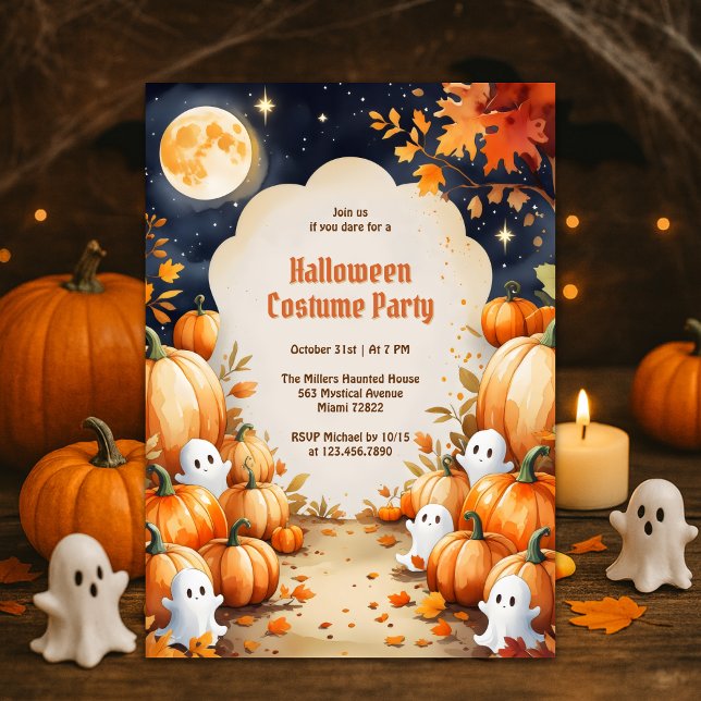 Convite Fantasma Bonita e Crianças de Abóbora Festa de Fig (Cute Ghost & Pumpkin Kids Halloween Costume Party Invitation Spooky-Cute Full Moon Night)
