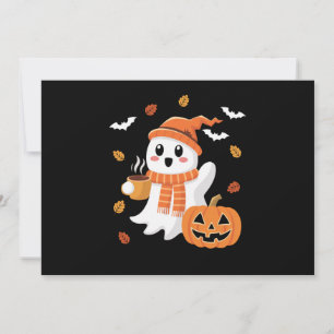 Convite Fantasma Bonito Bebendo Café com Gelo no Halloween