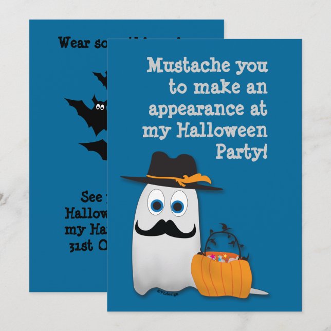 Convite Fantasma com Bigode Divertido de Halloween (Frente/Verso)