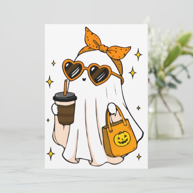 Convite Fantasma da Temporada Assustadora Fofa com Café Ge (Em pé/Frente)