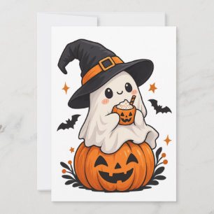 Convite Fantasma de Halloween Fofo Bruxa com Abóbora