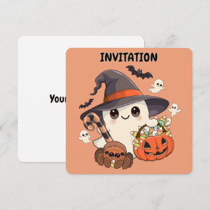 Convite Fantasma de Halloween Fofo no Estilo Kawaii