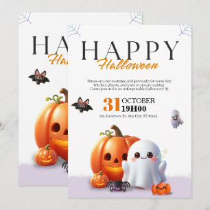 Convite Fantasma de Halloween Laranja Abóbora Aranha Fofo