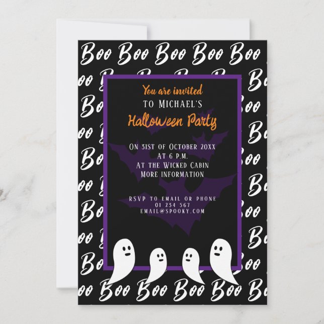 Convite Fantasma do Dia das Bruxas do Boo Branco-Puro-Negr (Frente)