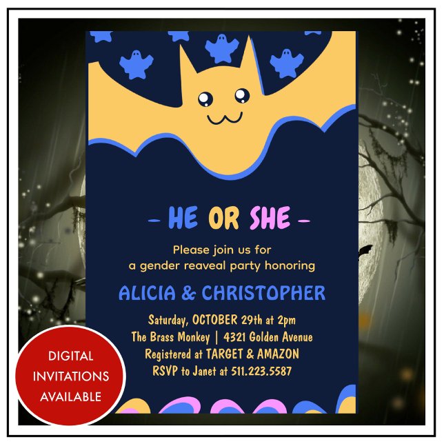 Convite Fantasma-do-gato Ele ou Ela revela o gênero do Dia (Cute-bat-Ghost-He-or-She-Halloween-gender-reveal-Invitation-1)