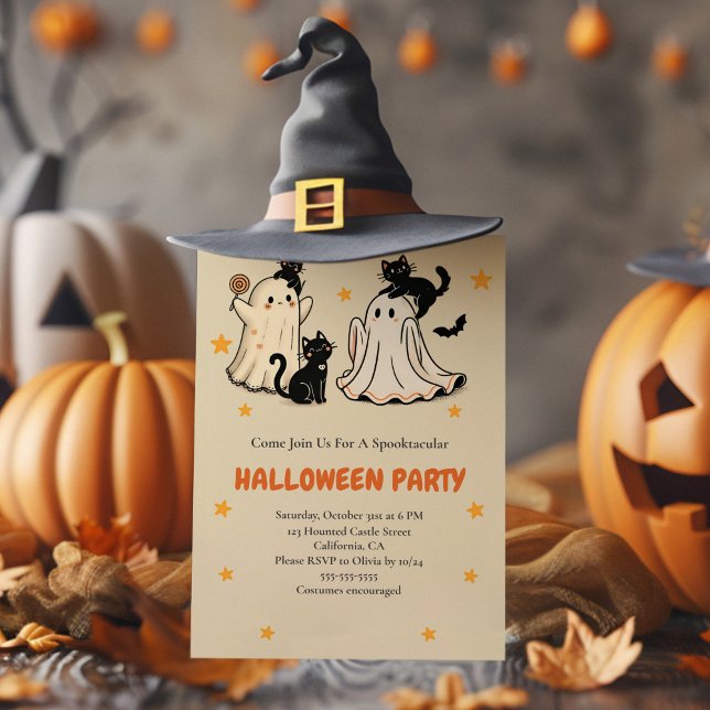 Convite Fantasma e Festa Negra do Dia das Bruxas de Gato (Cute Ghost and Black Cat Halloween Party Invitation with funny halloween decoration and a witch hat)