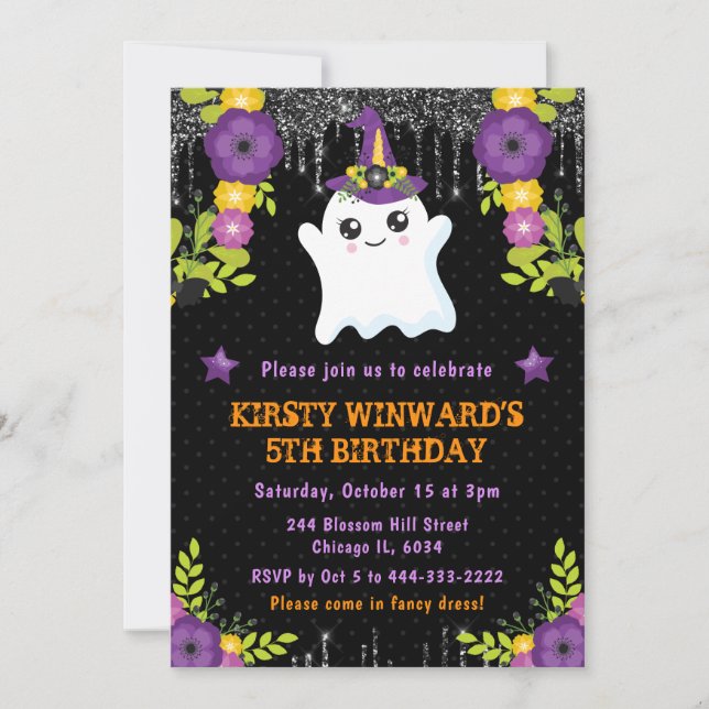 Convite Fantasma Fofo Floral Aniversário de Halloween (Frente)
