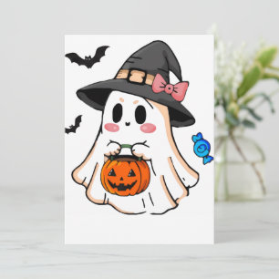 Convite Fantasma Kawaii de Halloween Fofo em Chapéu de Bru