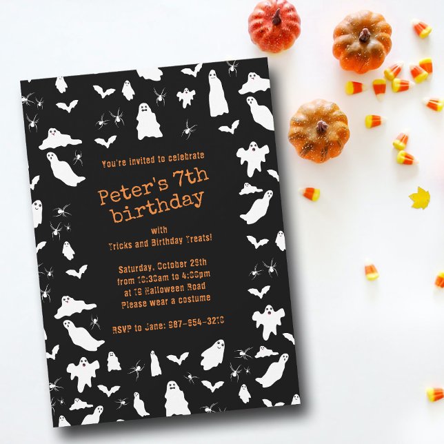 Convite Fantasma, Morcegos e Aranhas no Aniversário do Dia (Cute Ghost, Bats & Spiders Halloween Birthday Invitation)