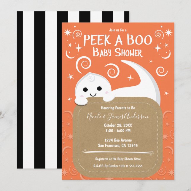 Convite Fantasma Peek A Boo Laranja Halloween Baby Shower  (Frente/Verso)