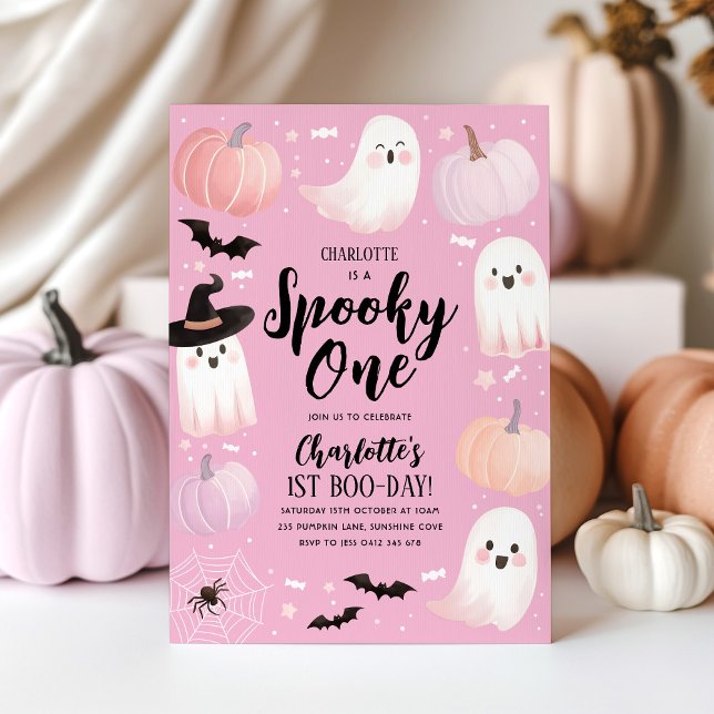 Convite Fantasma Rosa Rosa, primeiro aniversario de Hallow (Spooky One 1st Birthday | Featuring cute ghosts, pumpkins, bats, spiders)