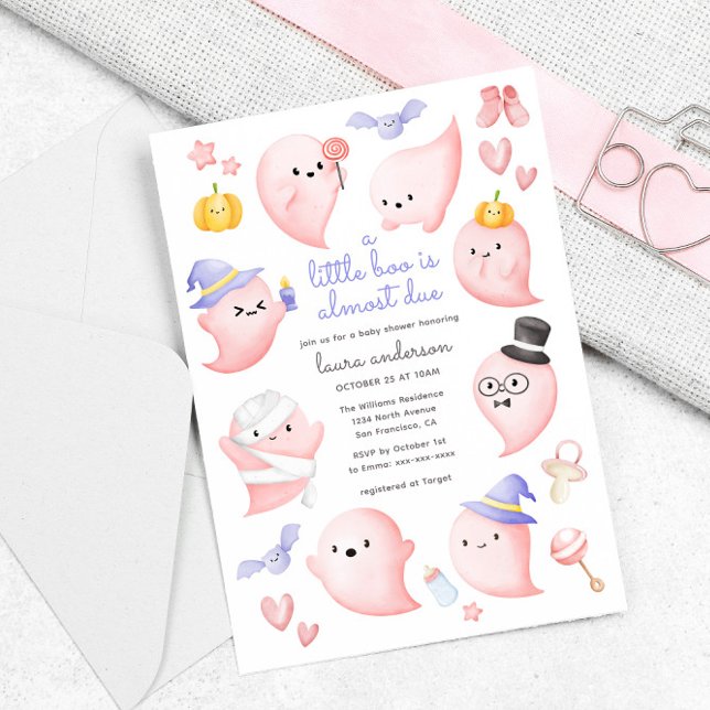 Convite Fantasma Rosa Um Pequeno Boo É Quase Um Chá de fra (cute pink ghosts - a little boo is almost due baby shower invitation)