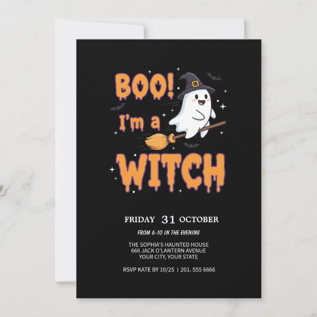 Convite Fantasma Voando na Broom Spooky Party Card (Frente)