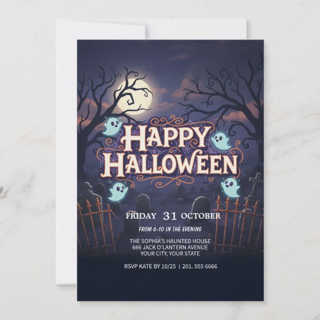 Convite Fantasma Voando na Broom Spooky Party Card (Frente)