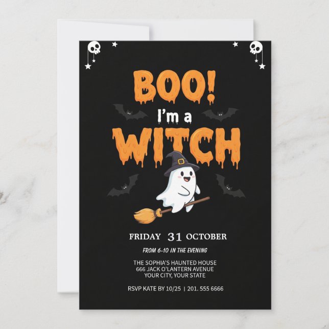 Convite Fantasma Voando na Broom Spooky Party Card (Frente)