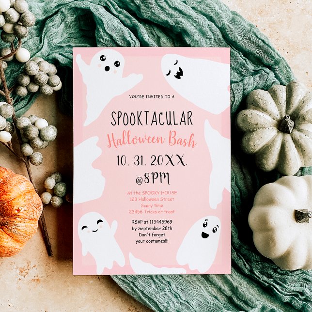 Convite Fantasmas brancos, bonitos, pastosos, cor-de-rosa, (Cute white ghosts pastel pink Halloween bash Invitation)