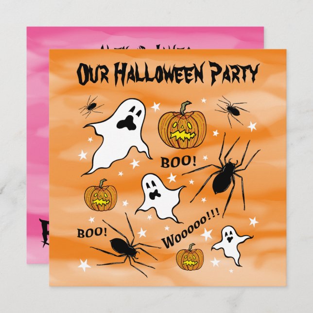 Convite Fantasmas do Halloween, Pumpkins e aranha personal (Frente/Verso)