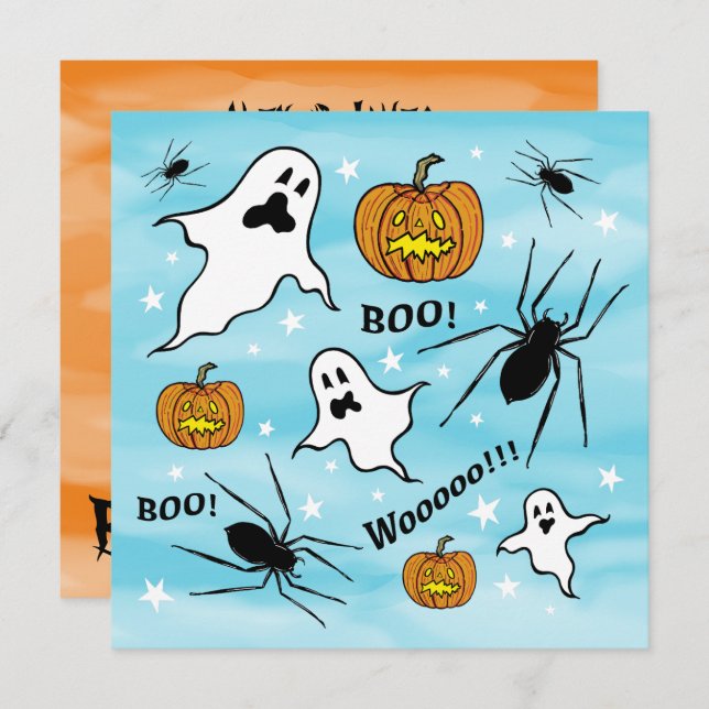 Convite Fantasmas do Halloween, Pumpkins e aranha personal (Frente/Verso)