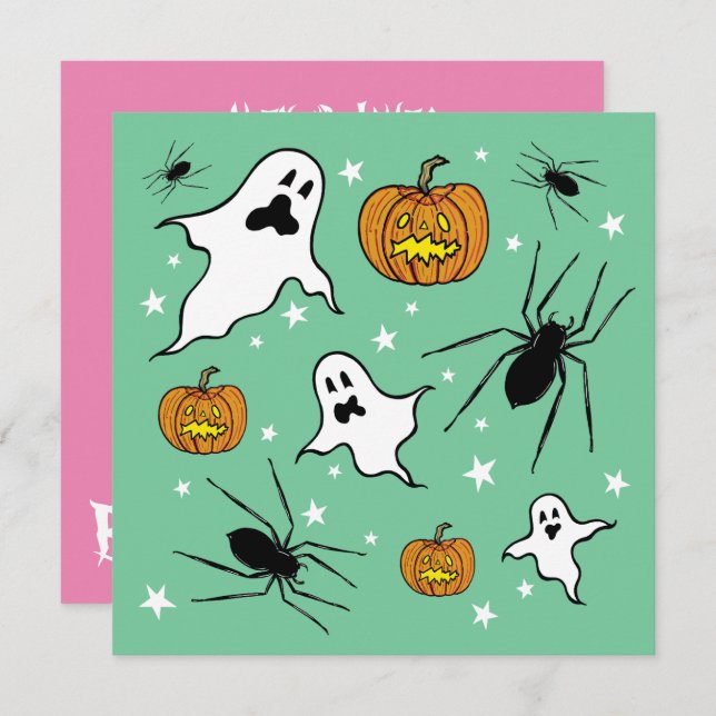 Convite Fantasmas do Halloween, Pumpkins e aranha personal (Frente/Verso)
