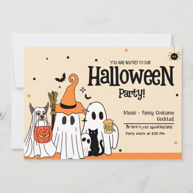 Convite Fantasmas Fofos e Tema de Pets Halloween Amigável  (Frente)