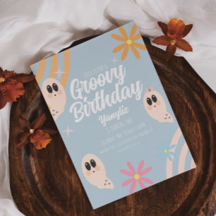 Convite Fantasmas Groovy Floral Festa Retro de Halloween P