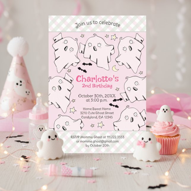 Convite Fantasmas Rosa Bonitos Crianças de Halloween Anive (Cute Spooky Ghosts Pink Birthday Invitation for Baby Girl. Pink Ghosts, Stars & Cute Gingham Pattern)