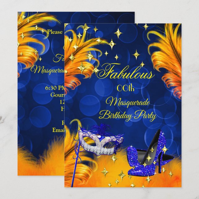 Convite Fantástica Festa de Aniversário com Máscaras Azul  (Frente/Verso)