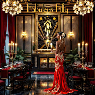 Convite Fantástica Mulher Art déco Afro-Americana Vermelha