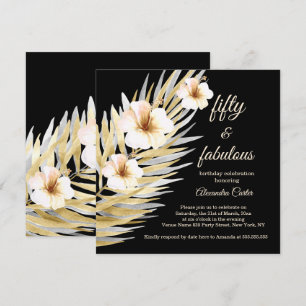 Convite Fantástico 50º Aniversário Bege Branco Preto Flora