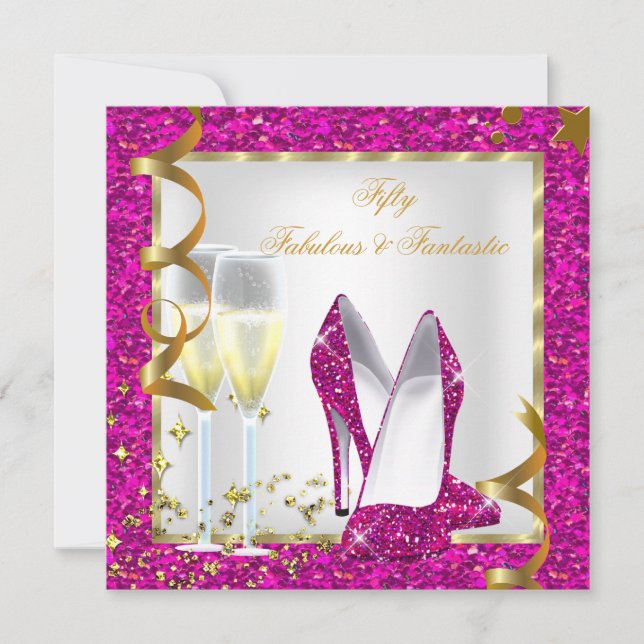 Convite Fantástico 50 Fantástico Rosa Branco Dourado Anive (Frente)