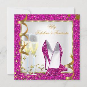 Convite Fantástico 50 Fantástico Rosa Branco Dourado Anive