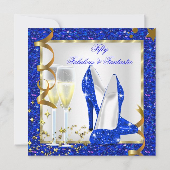 Convite Fantástico 50 Fantásticos Aniversário Azul Branco  (Frente)