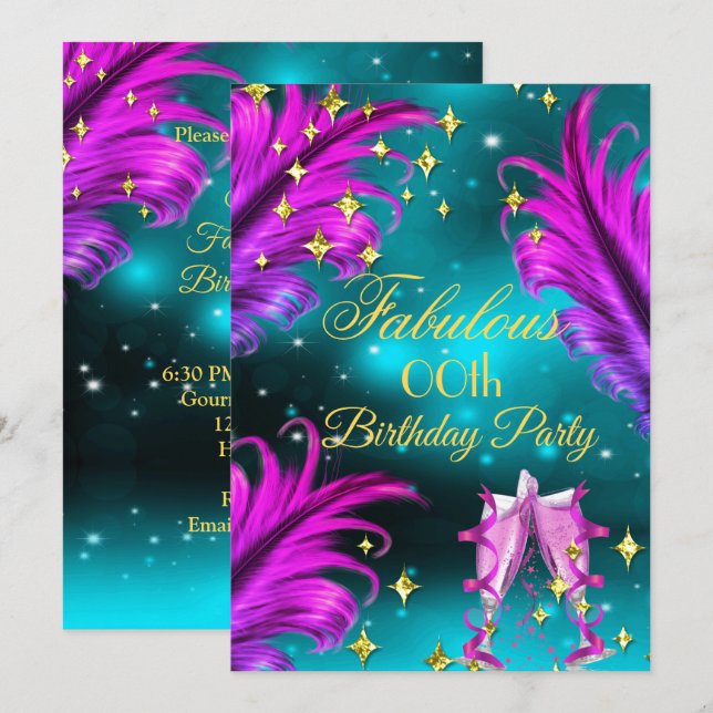 Convite Fantástico Aniversário Azul turquesa Roxo Rosa Cha (Frente/Verso)