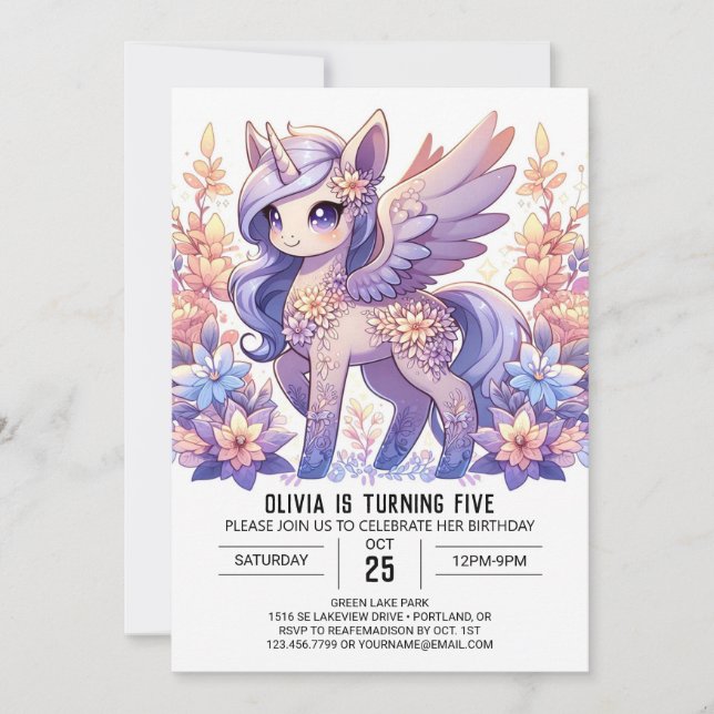 Convite Fantasy Adorable Unicorn Digital Birthday (Frente)