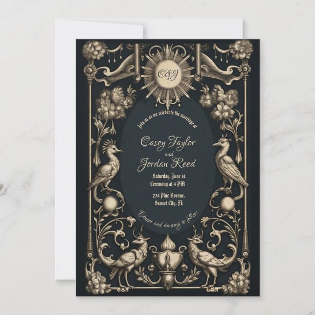 Convite Fantasy Birds Gothic Wedding Invitation Dark (Frente)