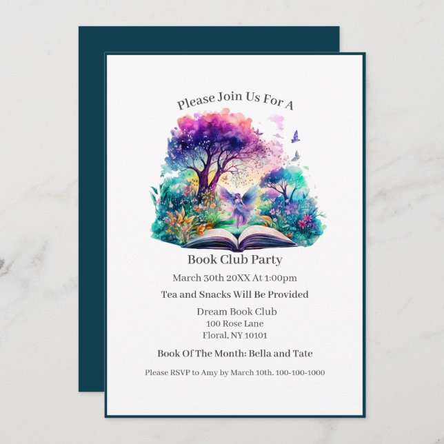 Convite Fantasy Book Lover Fairy, Clube do Livro (Frente/Verso)