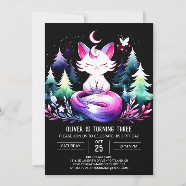 Convite Fantasy Elegant Cat Birthday (Frente)