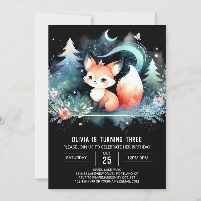 Convite Fantasy Fox Modern Birthday digital (Frente)