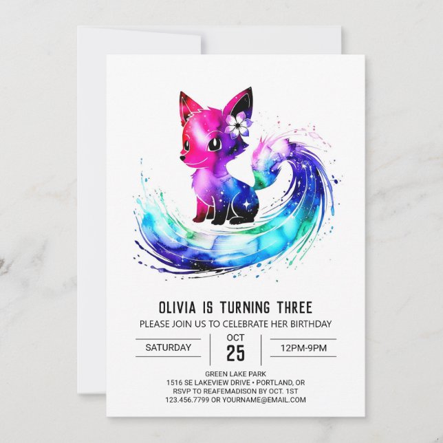 Convite Fantasy Girly Fox Digital Girl Birthday (Frente)