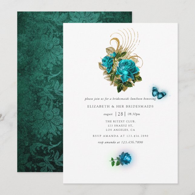 Convite Fantasy Turquoise e Douradas Bridesmaids Luncheon (Frente/Verso)