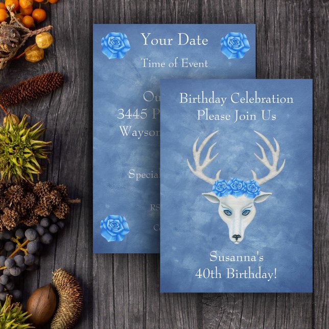 Convite Fantasy White Deer Head Antlers Blue Rosa Birday (Mystical white deer head with antlers wearing blue roses on misty blue birthday party invitations.)