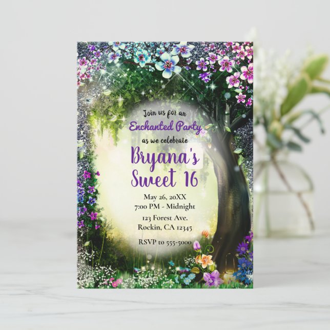 Convite Fantasy Woodland Encantada Floresta Brilhante Doce (Em pé/Frente)