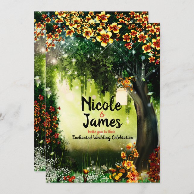 Convite Fantasy Woodland Encantada Floresta Coral Flores I (Frente/Verso)