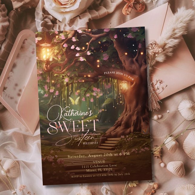 Convite Fantasy Woodland Encantado Forest Glow Sweet 16 (Fantasy Woodland Enchanted Forest Glow Sweet 16 Invitation)