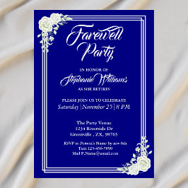 Convite Farewell Elegant Script Blue White Rose Party