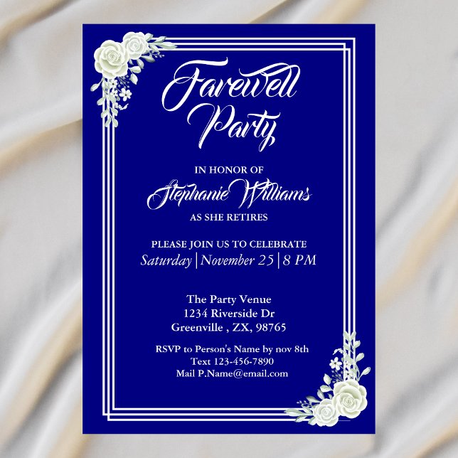 Convite Farewell Elegant Script Blue White Rose Party (Criador carregado)