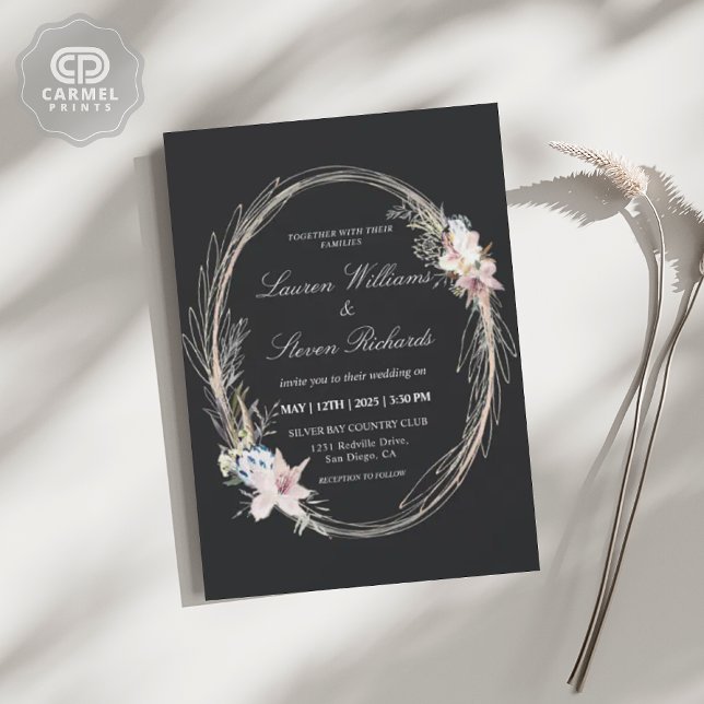 Convite Farinha Branca, Cor-de-Rosa, Fresca Escura Persona (Custom Black Pink Whimsical Wreath Floral Premium Invitation)