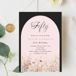 Convite Farinha-de-vidro-rosa-preto, luxo floral, 50.o ani<br><div class="desc">Um convite elegante para flores silvestres. Um fundo preto e um arco cor-de-rosa. Decorado com flores silvestres de cor d'água em bege,  rosa.</div>